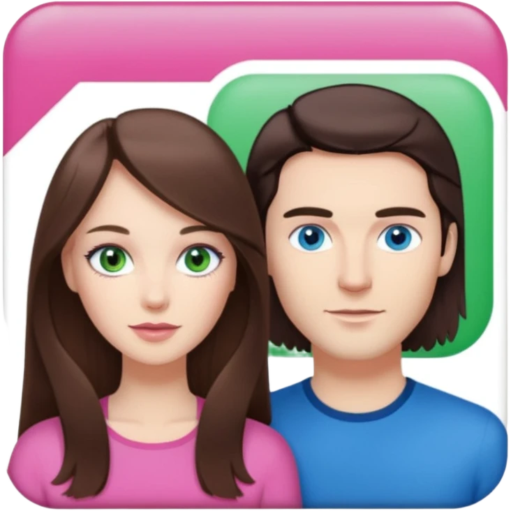 pink polaroid photo of a couple thats white with long brunette hair blue eyes and a white guy with short brunette hair and green eyes emoji