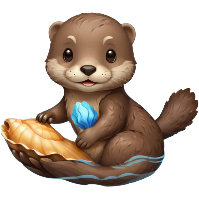 adorable otter floating on clearly visible blue water with waves, holding a shell emoji
