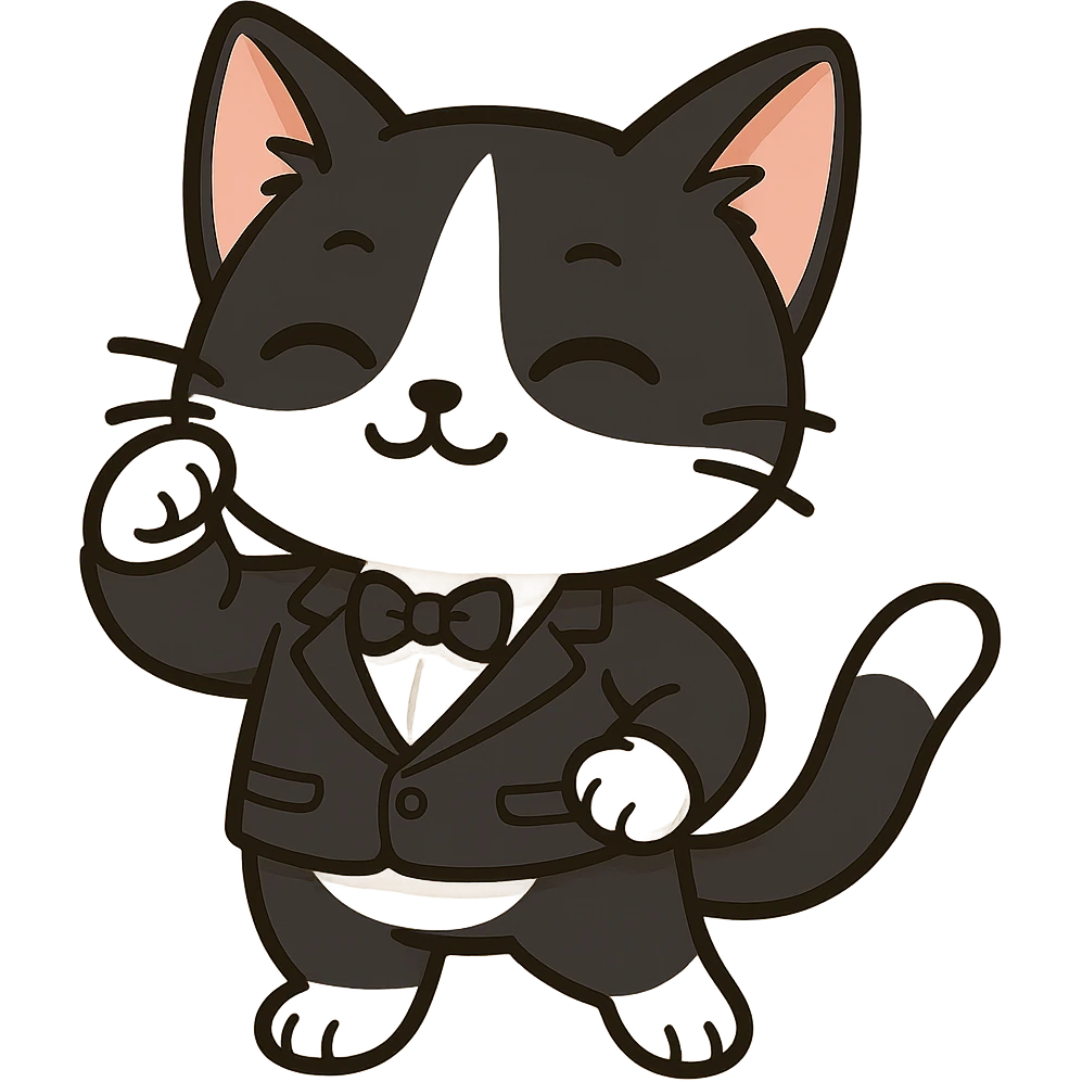 Make this cat a tuxedo cat with black and white fur, keep the playful chibi sticker style, with no background. emoji