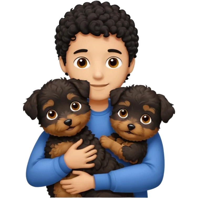 Young man with little brown skin, black curly hair, cheerful dark brown eyes, hugging two yorkiepoo emoji