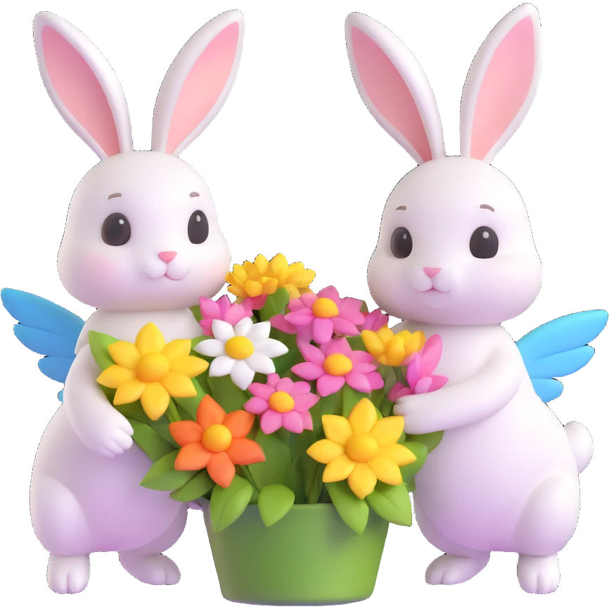 Two bunnies with wings holding flowers, 3D style with iOS style elements emoji