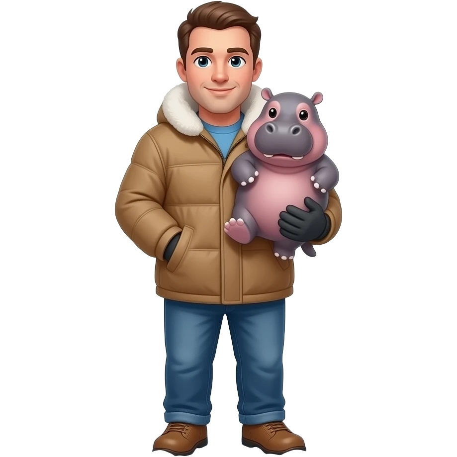 a man with winter coat with cute baby hippopotamus in snow emoji