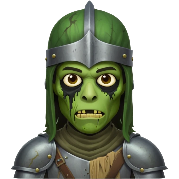 A black male with long black rough hair wearing a knight helmet with green zombie skin emoji