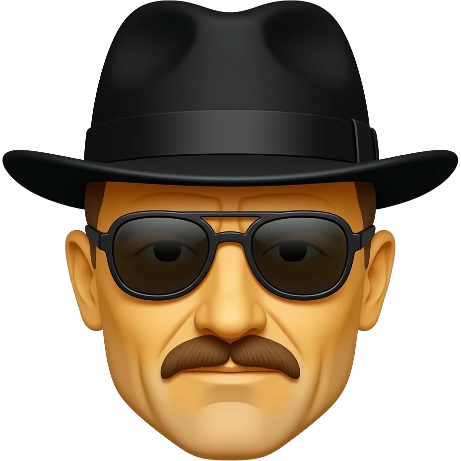 Yellow like a classic emoji, Heisenberg as a face emoji, with the black flat hat, while bald, with sunglasses emoji