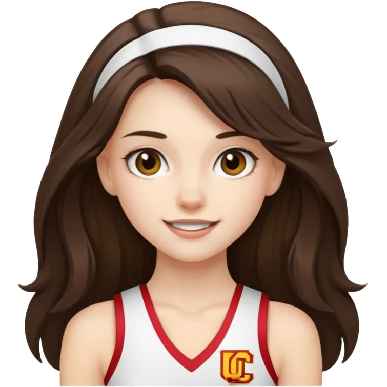 skinny white happy long haired brunette girl in a white USC cheerleader costume emoji