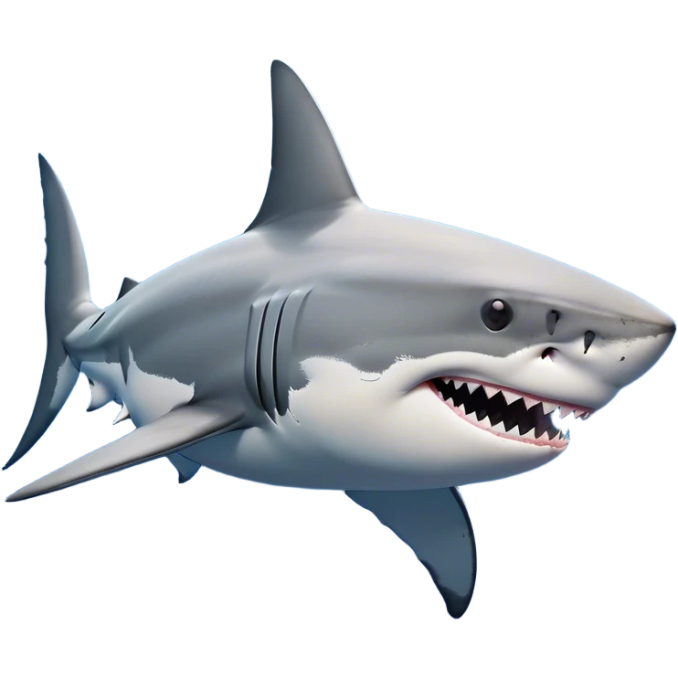 Cinematic Noble Great White Shark Portrait Emoji, Poised and regal, with a robust, torpedo-shaped body, a pointed snout, a gleaming white underbelly contrasting with a slate gray dorsal surface, and piercing, intense eyes scanning deep blue waters, Simplified yet sharp and sophisticated features, highly detailed, glowing with a cool, oceanic luminescence, high shine, intelligent and commanding, stylized with an air of marine authority, focused and vigilant, soft glowing outline, capturing the essence of a watchful and confident predator that appears ready to surge out of the screen with effortless power! emoji