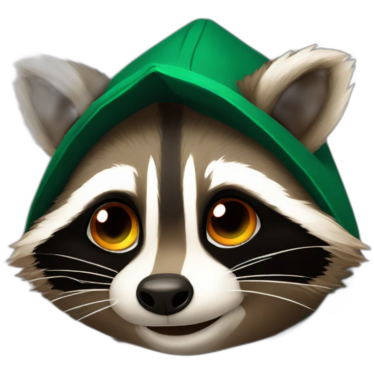 brown raccoon with orange eyes and a dark green hood that is crying emoji