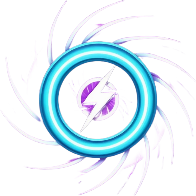 futuristic minimalistic logo icon, abstract glowing storm swirl made of neon purple (#8B5CF6) and cyan (#00E0FF) lines, representing Storm team energy and speed, digital lightning core, dark background, no face, tech-style emblem, 1:1 aspect ratio emoji