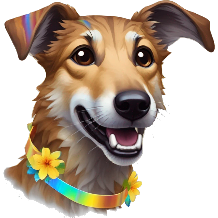  brindle brown black maroon striped lurcher Alsatian fox running blue eyes and iridescent holographic oilslick harness wearing paper iridescent tropical flower crown yellow caution tape emoji