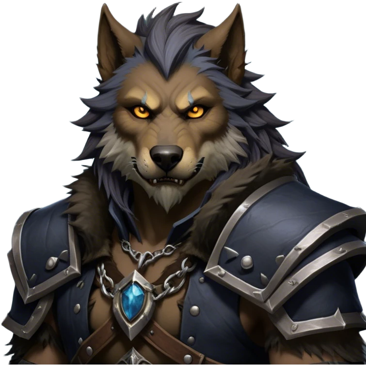 Cinematic Realistic WoW Worgen Portrait, depicted as a fearsome blend of man and beast, with rugged, dark fur intermingling with tanned, weathered skin. His piercing amber eyes and fierce expression are framed by disheveled hair and subtly detailed, worn leather attire in dark, consistent hues. Rendered with lifelike texture and dramatic, natural lighting, high shine, noble and formidable, capturing the primal nobility of a legendary worgen warrior. emoji
