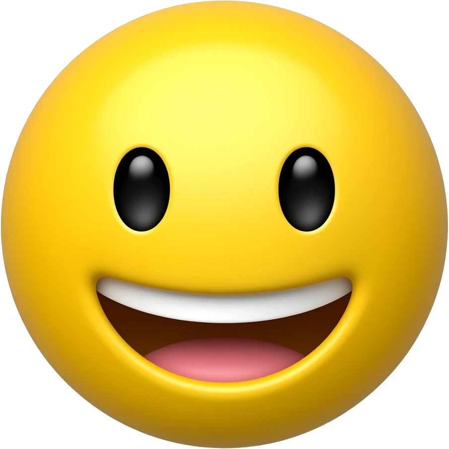 Glossy 3D rendered laughing person emoji, classic round yellow circle face, front-facing, slightly rounded edges, soft shading, white background emoji