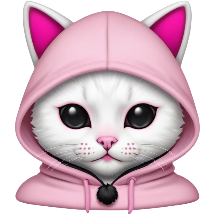 White cat with a black hood with black ear covers with a pink pompom on each ear and a pink skull on the front of the hood emoji
