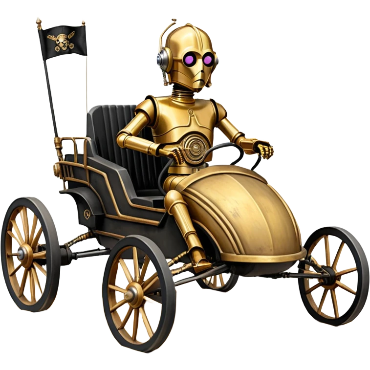 Old American West tarnished C-3PO bounty hunter 1854 delicately ornate rosegold accents painted dune buggy buckboard wagon powered by electric motors and batteries with safety features and belts flying rapidly across rough dusty terrain stable on strong agile futuresteampunk suspension and steering  emoji