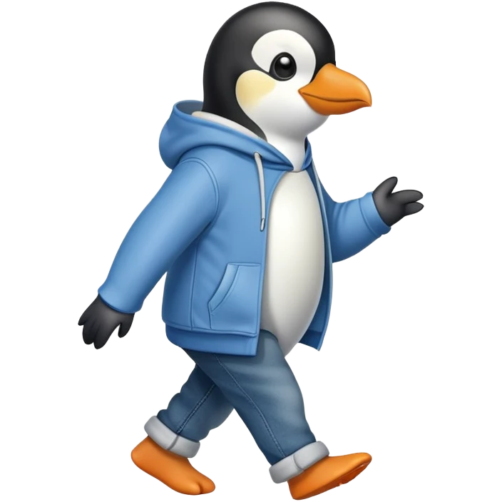 friendly anthropomorphised penguin in a hoodie and jeans brisk walking emoji