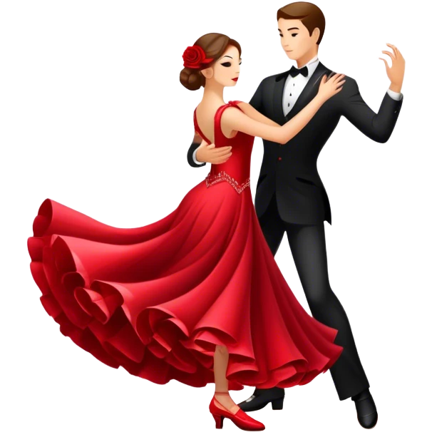 Icon for Ballroom Dancing: a pair of ballroom dance shoes, a rose, a dance floor, a flowing, voluminous ballroom dress in motion, and a shining spotlight. The icon should represent the elegance and atmosphere of ballroom dancing, focusing on the attire and setting. Transparent background. emoji