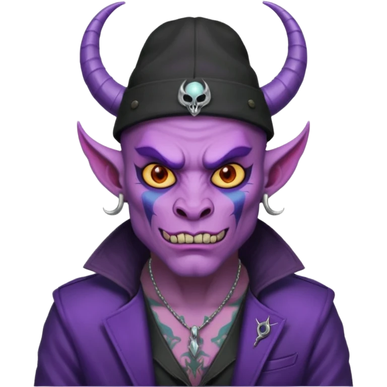 purple demon with tattoos, hat, jacket and horns emoji