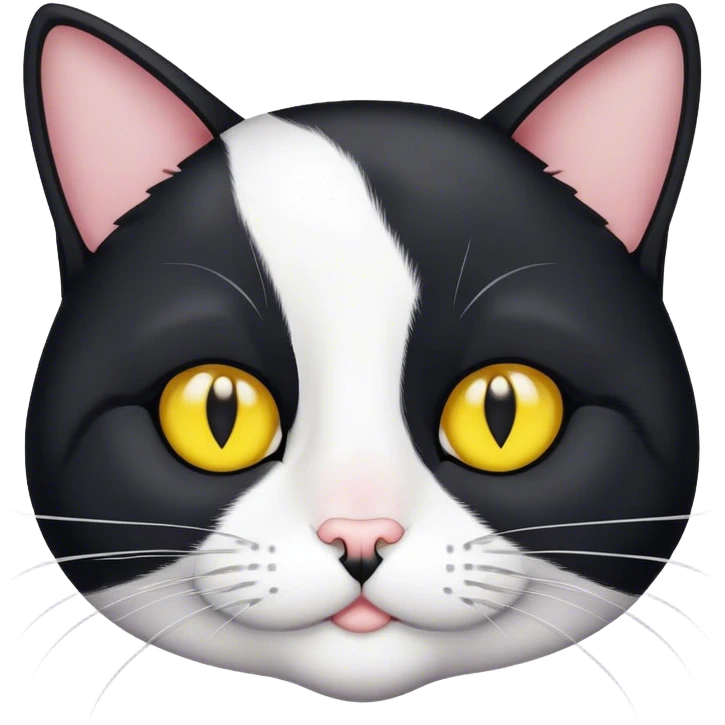 Tuxedo cat with a small white mouth. Yellow eyes, black nose  emoji