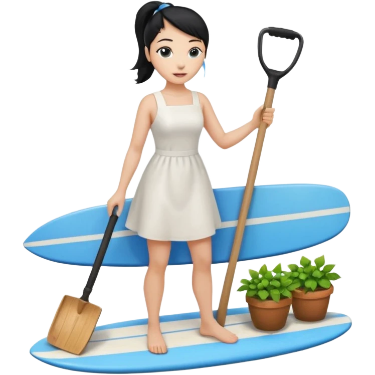 Princess who wearing white dress (woman) black ponytail hair holding her cellphone and  one garden shovel with another hand. She is standing on her feet, there is one blue surfing board under her feet. She is looking at her phone emoji