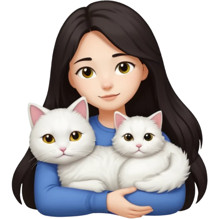 a girl with long dark hair and a white fluffy cat lying on her left shoulder and neck, emoji style, suitable for Discord and Slack sharing emoji