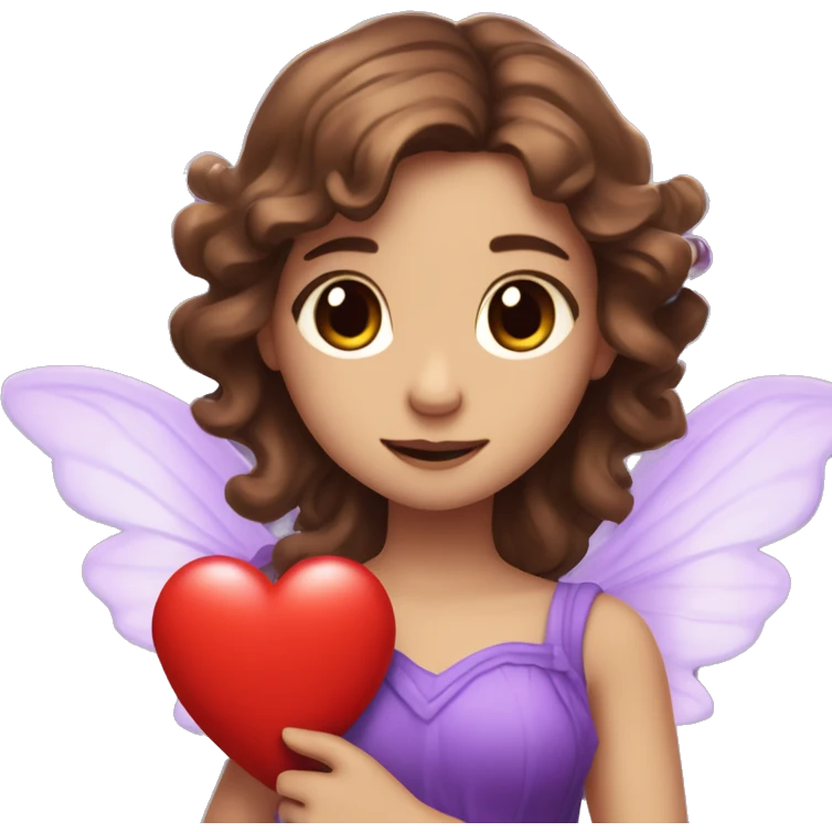 twitch emote of a wavy brown haired girl hugging a red heart and she is a purple fairy and has br0wn eyes and tan skin emoji