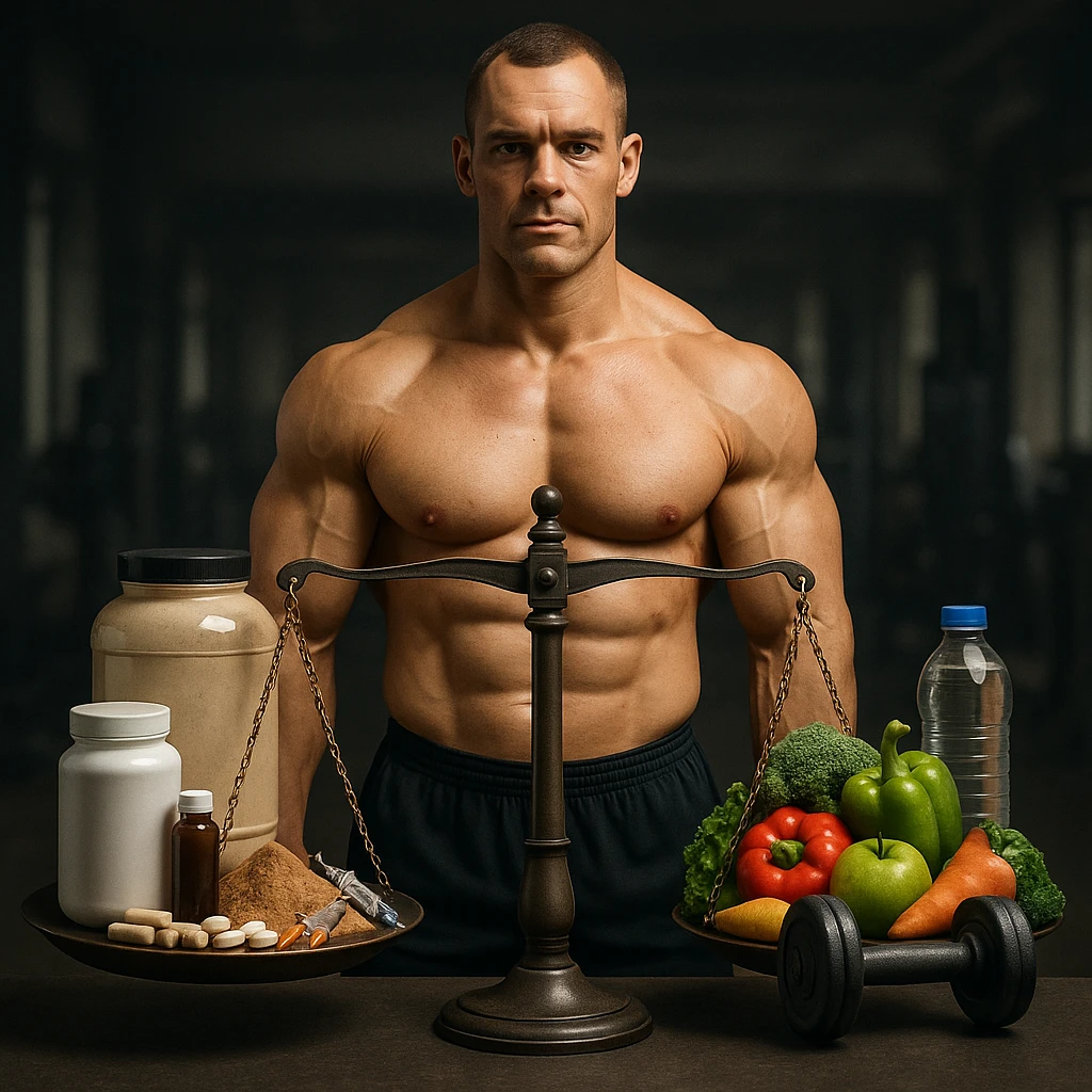 A 35-year-old bodybuilder con equilibrio su uso di sostanze e non. immagine iper realistica, fai una bilancia emoji