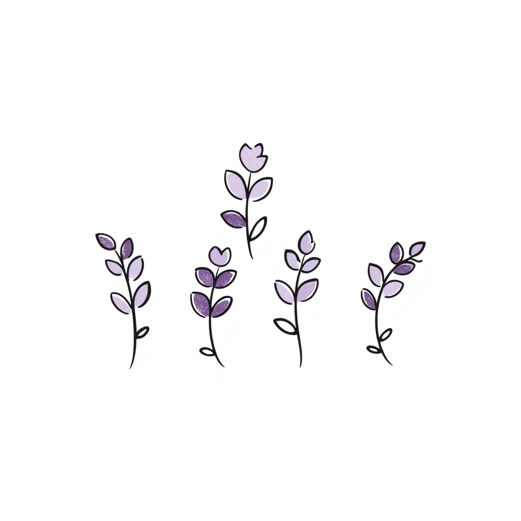 Lilac flowers with branches and leaves in pastel colors (dd9fb0, ffc6d3, a3bfc9, c4bee2, f1b091), hand-drawn doodle style emoji