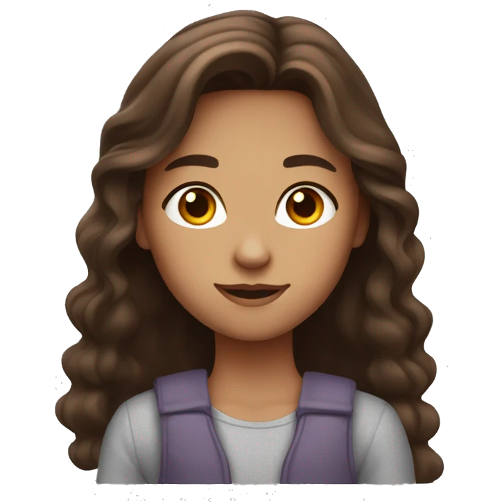 a girl with dark brown eyes, long brown hair with a slight shade of orange, freckles on her face. She waves hello emoji