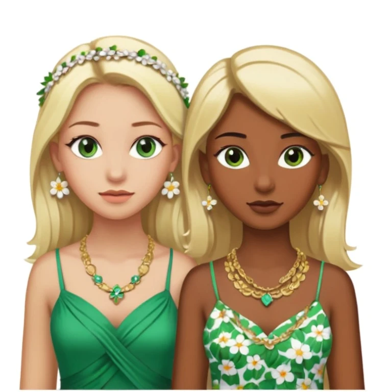There will be two young women. One with dark brown skin, brown eyes, blonde hair, wearing a lot of necklaces and earrings. The other woman with green eyes, white skin, blonde hair, wearing a necklace and earrings, both wearing flowery dresses. emoji