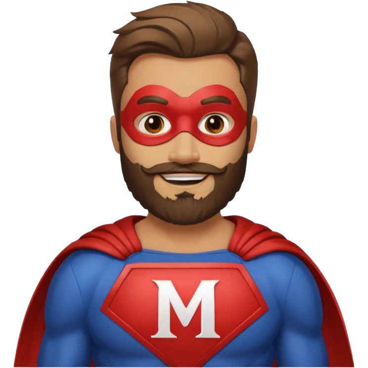 бородатый мужчина в костюме супер героя с буквой М  на груди без маски веселится  emoji