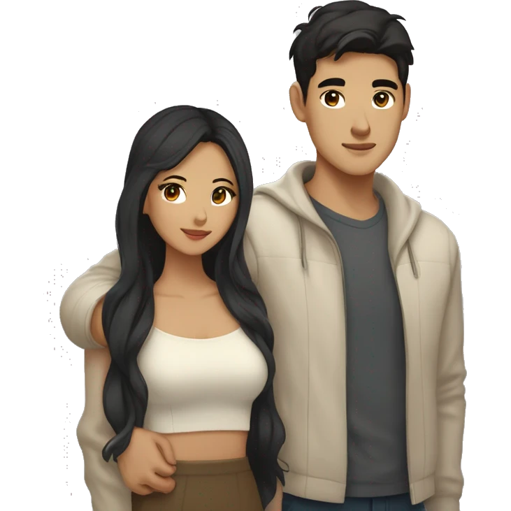 A half pale Asian man with short dark hair and amber eyes embracing and loving a half Asian woman with long wavy dark hair and dark hazel eyes. They love each other a lot And have good fashion taste. emoji