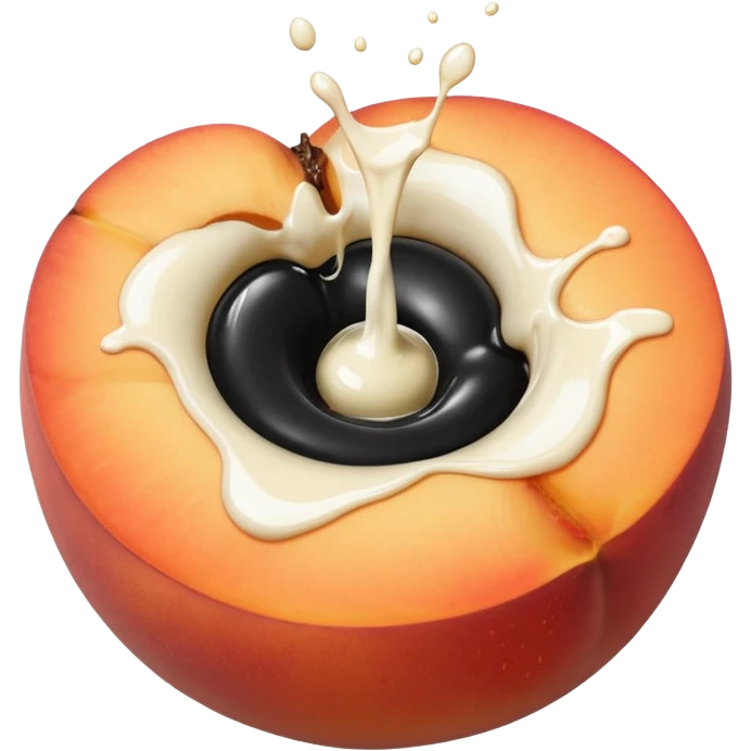 black hole in the middle of a peach. milk is leaking out of the hole emoji