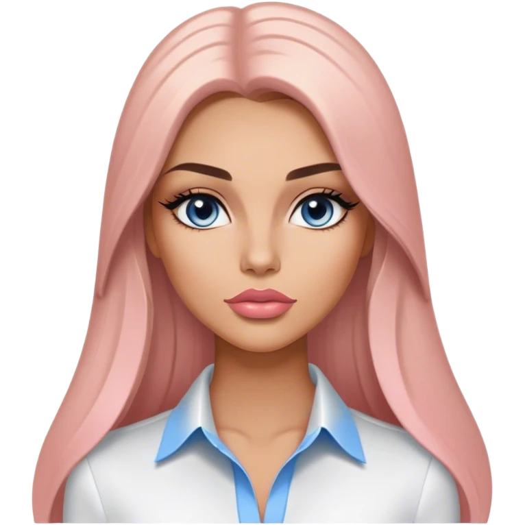 Glamours, tanned, very beautiful girl, with big pump peach-beige-rose lips, long long lashes, black straight smooth silky long hair, straight parting hair, blue-grey eyes, in white shirt, no additional things just white bckground emoji