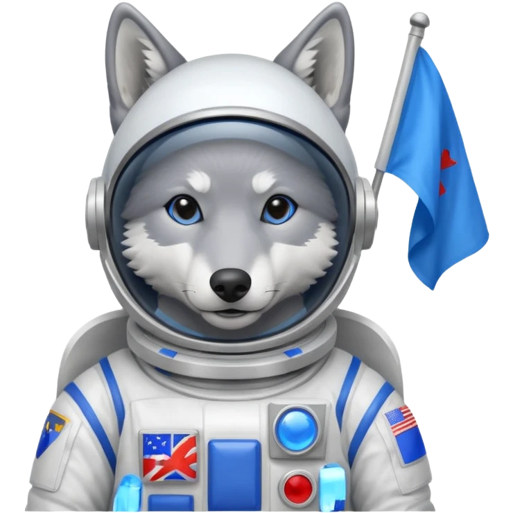 a wolf in space suit, holding blue rectangle flag emoji