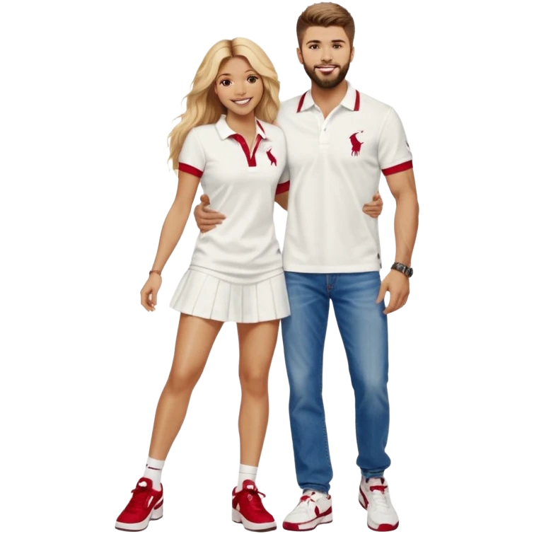 Shakira with blue eyes and her husband  Gerard pique with blue eyes holding her in his armsThey both laugh at each other its romantic&he wears a nice polo from Ralph Laurent in white& a nice baggy jeans with 97 Nike sneaker. She is wearing a romantic feminine short red dress with white open heels  emoji