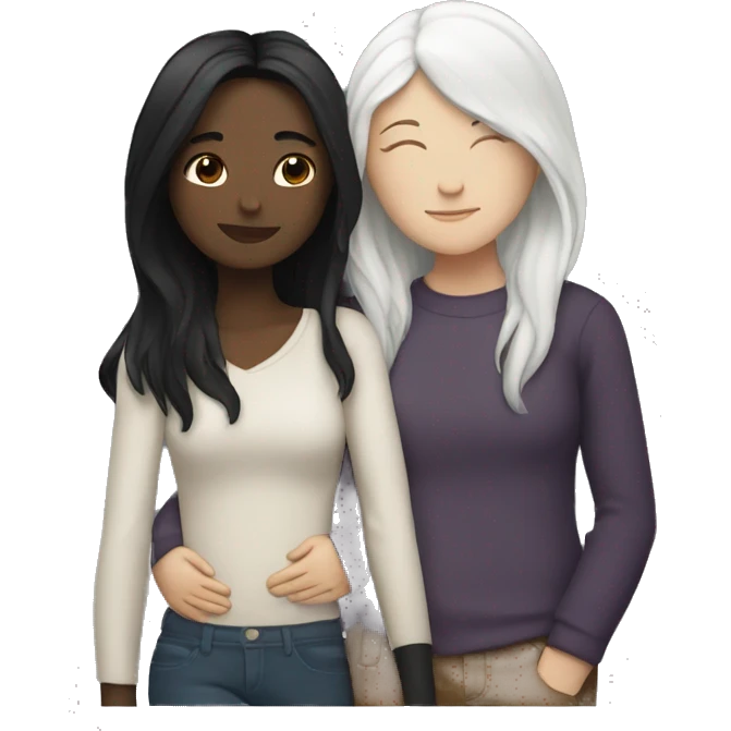 A lesbian couple with white skin and long black hair hugging intimately emoji