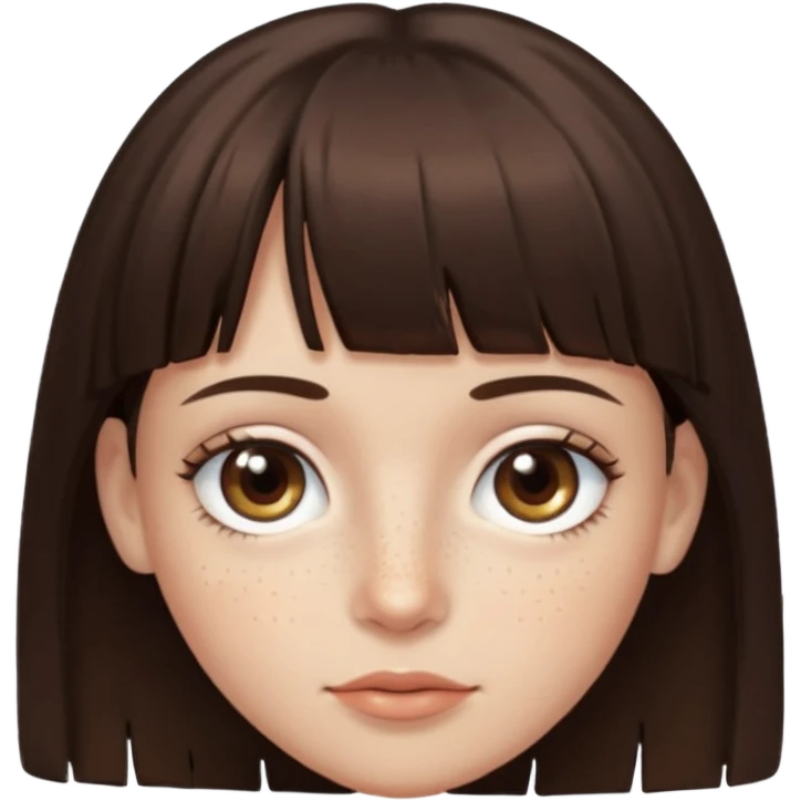 branca, olhos hazel, franjnha, pequenas sardas, cabelo castanho escuro, zoombue emoji