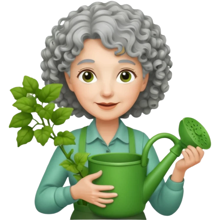 Older female florist – curly hair, hold garden watering pot emoji
