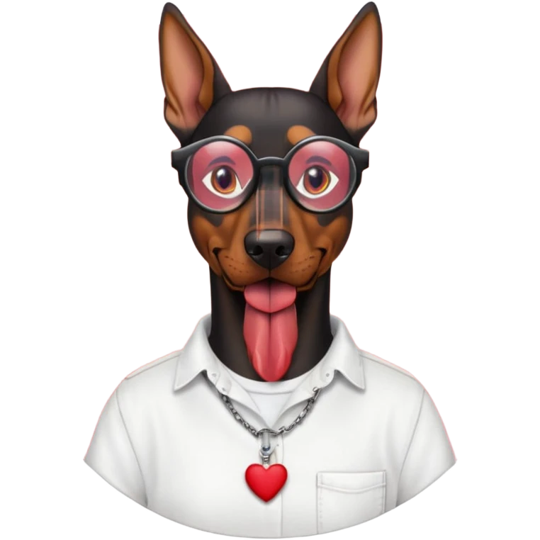 Generate a emoji of a big evil doberman dog with red eyes and a tongue sticking out, give the doberman a human body with a white shirt and baggy jeans, make the doberman have ear piercings and a septum ring, make the dog have black circular glasses with a red tint emoji
