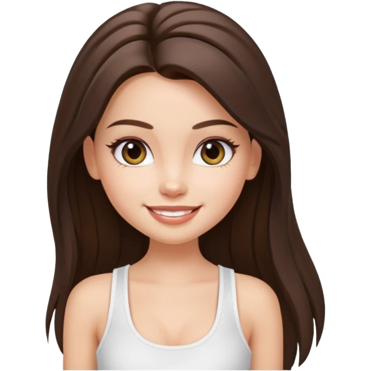a pretty bratz fair girl with straight brunette long hair, middle partition. wearing a white thin strap trap tank top, smiling, wearing light makeup. very pretty. emoji