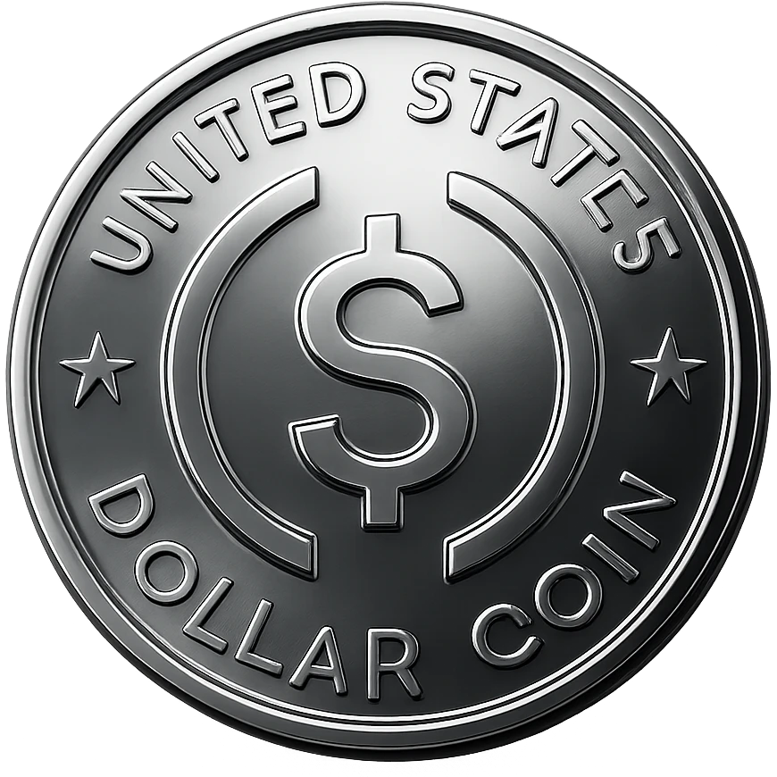 USDC coin, chrome style, metallic and reflective emoji