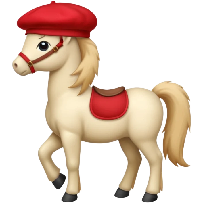 A cute pony (horse) emoji, full body, standing in side view, wearing a stylish red beret. emoji