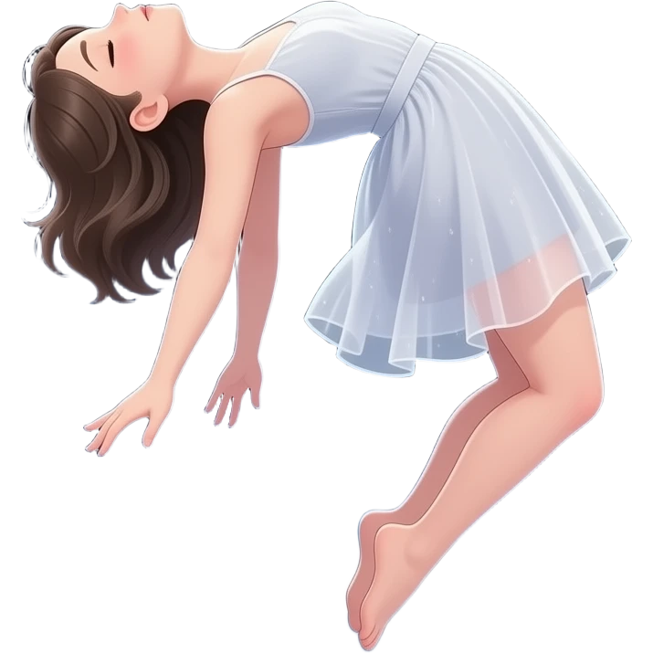A girl levitating in space, body arched backward in a bridge-like pose, head tilted back, arms hanging loosely, legs slightly bent and relaxed wearing a beautiful dress emoji