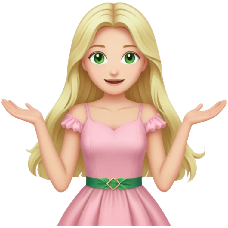 blonde with long hair and swamp green eyes rejoicing in a pink pastel dress emoji