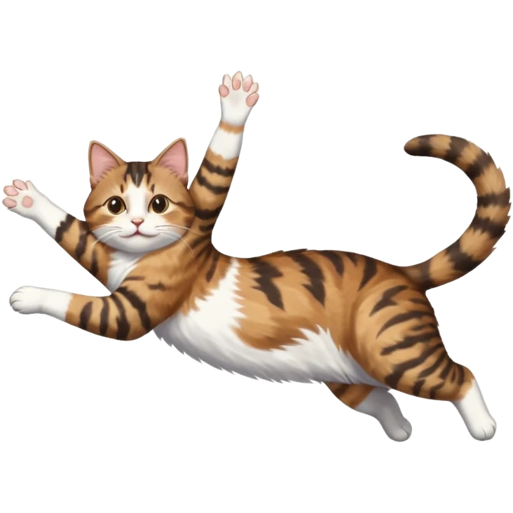 brown tabby and white cat with doing a big extremely long stretch reaching up into the air with arms and legs side by side together straight and overextended whilst lying on its side emoji