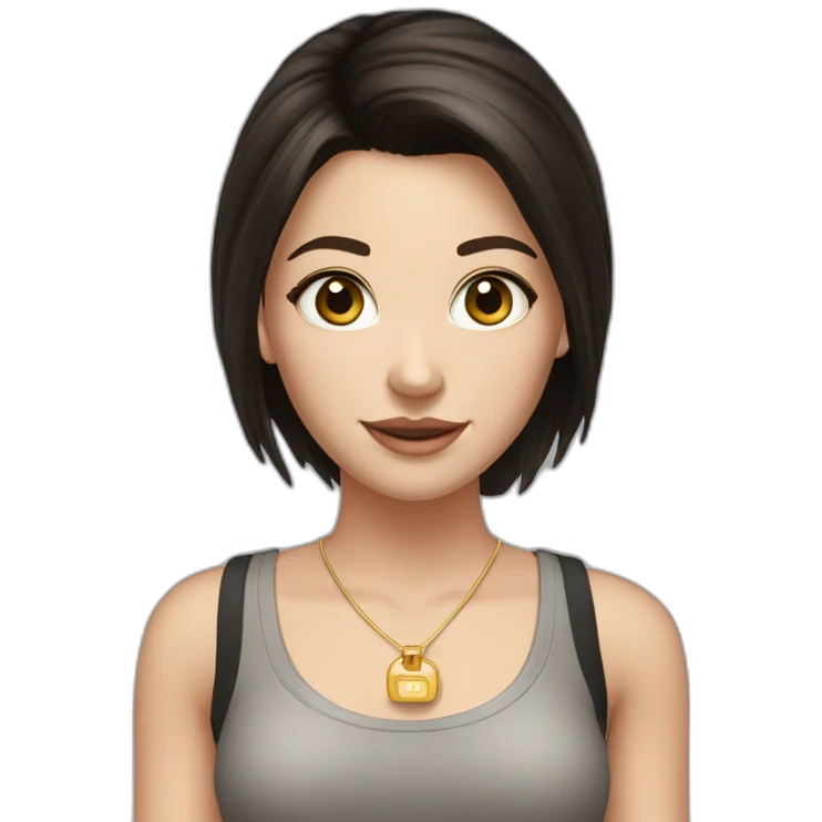 A white girl, with straight dark hair, with dark brown eyes, and she has to be smiling, with a black tank top, a golden hoop earring, holding a camera emoji