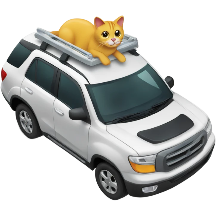 A cartoon emoji-style car with a curious cat peeking out from the open hood of the engine compartment. emoji