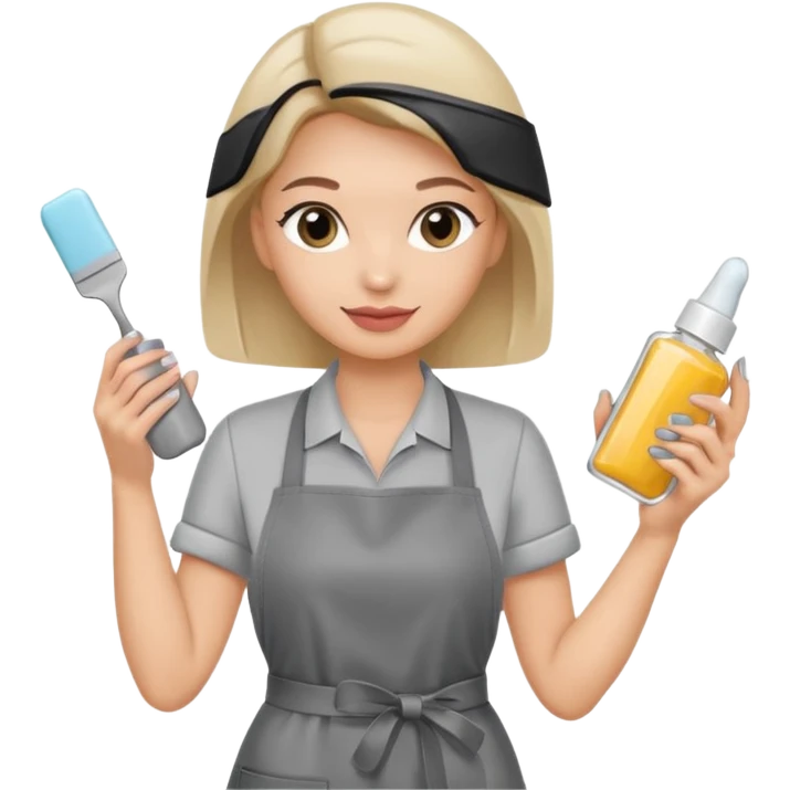 female nail master in grey apron with small gel polish in one hand and nail file in other  emoji