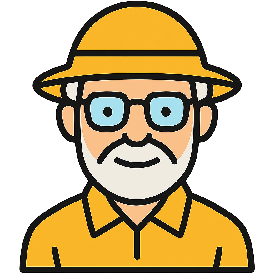 An elderly man with white hair and beard, wearing glasses and a yellow explorer hat emoji