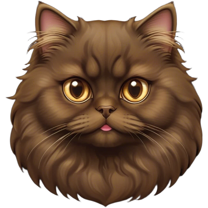 Cinematic Adorable Big-Eyed Fluffy Dark Brown Persian Cat Portrait Emoji, Head tilted playfully with a sweet expression, fluffy dark brown fur with rich caramel and gold undertones, Simplified yet irresistibly cute features with large, expressive eyes, highly detailed, glowing with a warm and gentle glow, high shine, a mix of affectionate and curious, stylized with a touch of whimsy, bright and full of charm, soft glowing outline, capturing the essence of a fluffy, loving kitty with oversized eyes, so endearing it feels like it could leap out of the screen and cuddle with you instantly! emoji