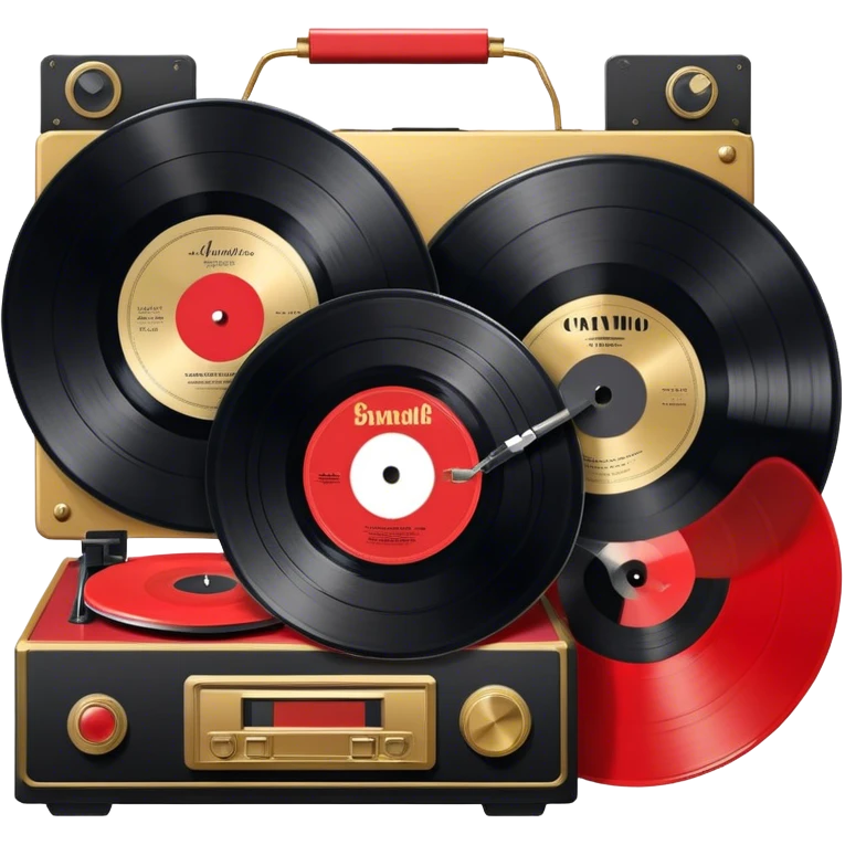 Icon for Vinyl Record Collecting: large black, golden and red vinyl records in decorative packaging featuring artist images, neatly arranged on a wall or shelf, modern vinyl record player. The icon should reflect the aesthetic and artistic aspect of collecting vinyl records. Transparent background. emoji